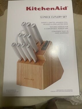 KitchenAid White Handle 12-Piece Knife Set with Wooden Block New